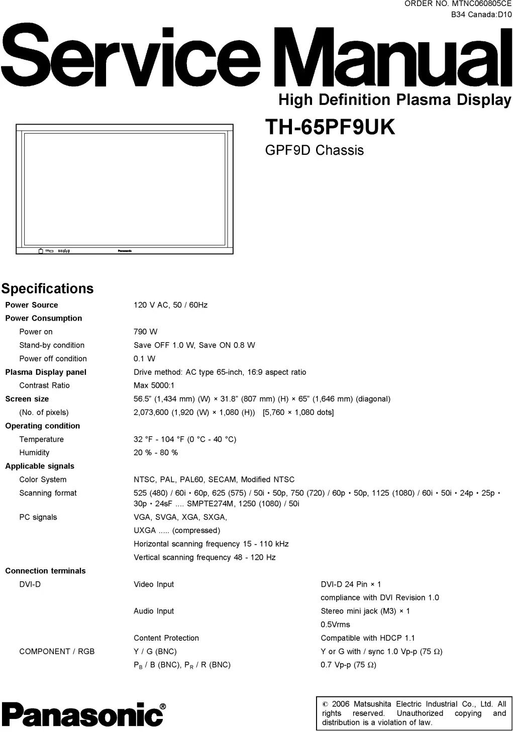 Panasonic th 65pf9uk service manual cover with photo of the television, TV type, chassis code, model code, creation date and document number