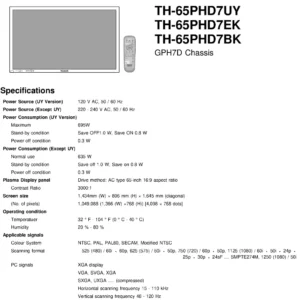 Panasonic th 65phd7 service manual cover with photo of the television, TV type, chassis code, model code, creation date and document number