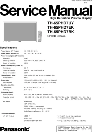 Panasonic th 65phd7 service manual cover with photo of the television, TV type, chassis code, model code, creation date and document number