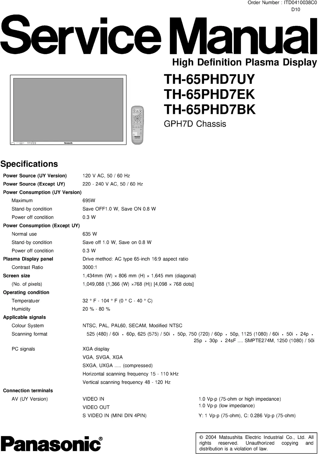 Panasonic th 65phd7 service manual cover with photo of the television, TV type, chassis code, model code, creation date and document number