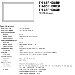 Panasonic th 65phd8uk 65phd8bk 65phd8ek service manual cover with photo of the television, TV type, chassis code, model code, creation date and document number