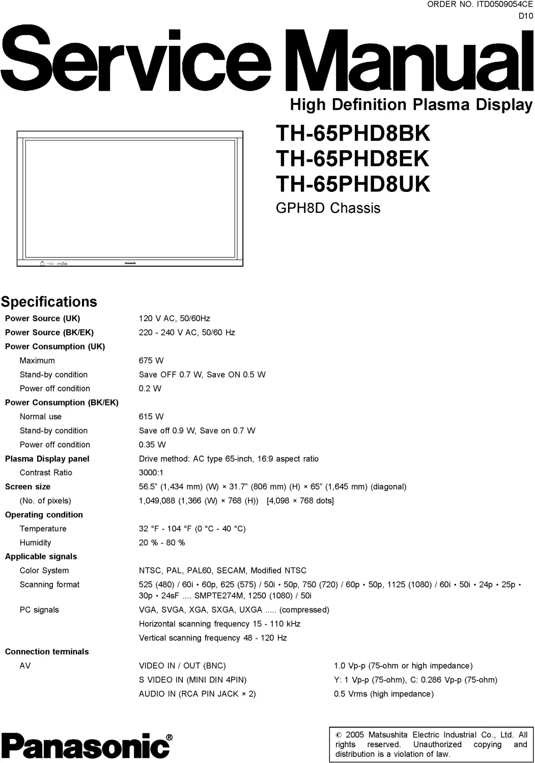 Panasonic th 65phd8uk 65phd8bk 65phd8ek service manual cover with photo of the television, TV type, chassis code, model code, creation date and document number