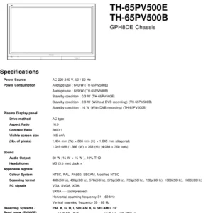 Panasonic th 65pv500 service manual cover with photo of the television, TV type, chassis code, model code, creation date and document number