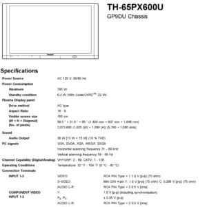 Panasonic th 65px600u service manual cover with photo of the television, TV type, chassis code, model code, creation date and document number