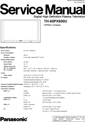 Panasonic th 65px600u service manual cover with photo of the television, TV type, chassis code, model code, creation date and document number
