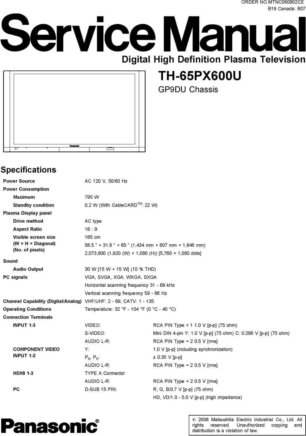 Panasonic th 65px600u service manual cover with photo of the television, TV type, chassis code, model code, creation date and document number