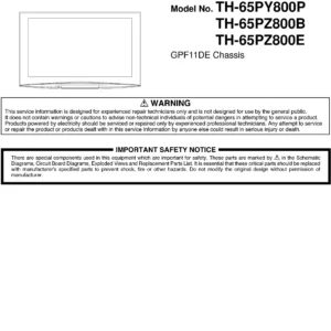 Panasonic th 65py800p 65pz800b 65pz800e service manual cover with photo of the television, TV type, chassis code, model code, creation date and document number