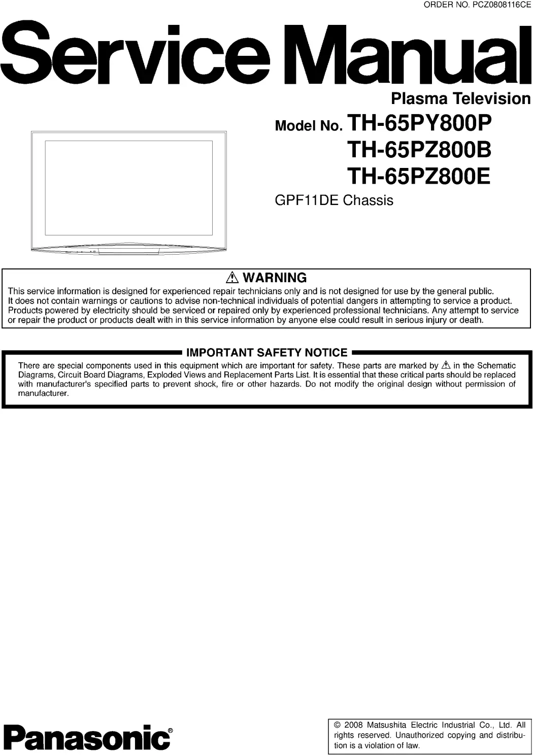 Panasonic th 65py800p 65pz800b 65pz800e service manual cover with photo of the television, TV type, chassis code, model code, creation date and document number