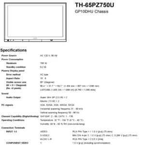 Panasonic th 65pz750u service manual cover with photo of the television, TV type, chassis code, model code, creation date and document number