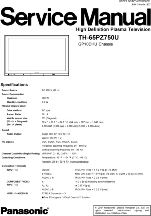 Panasonic th 65pz750u service manual cover with photo of the television, TV type, chassis code, model code, creation date and document number