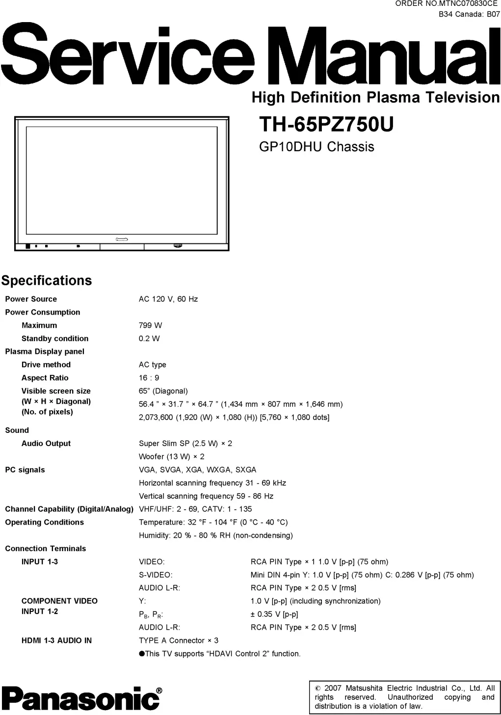 Panasonic th 65pz750u service manual cover with photo of the television, TV type, chassis code, model code, creation date and document number