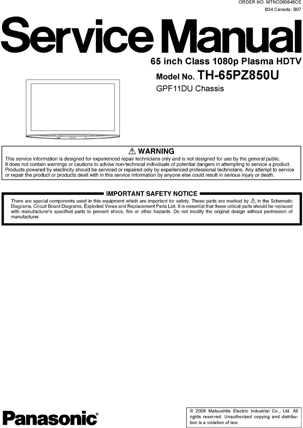 Panasonic th 65pz850u service manual cover with photo of the television, TV type, chassis code, model code, creation date and document number
