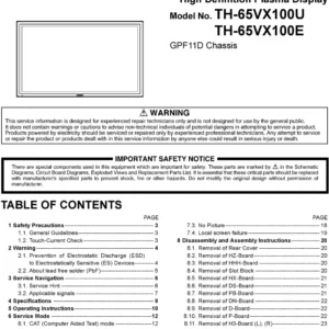 Panasonic th 65vx100u 65vx100e service manual cover with photo of the television, TV type, chassis code, model code, creation date and document number