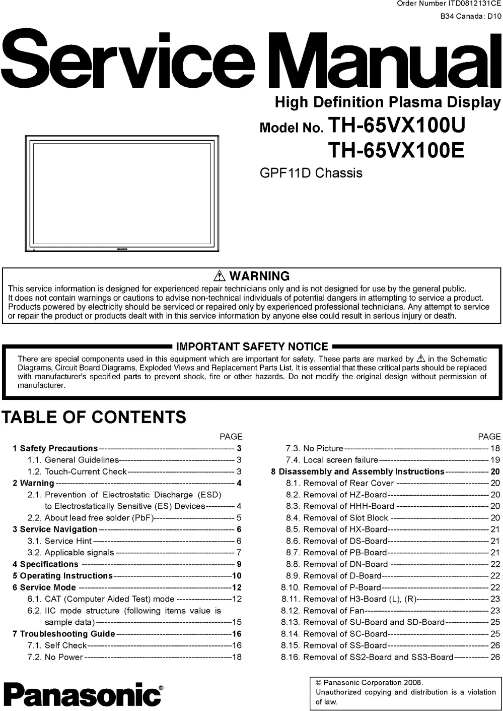 Panasonic th 65vx100u 65vx100e service manual cover with photo of the television, TV type, chassis code, model code, creation date and document number