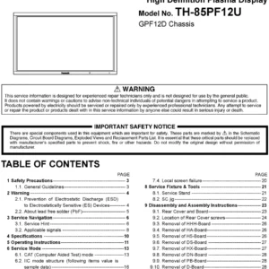 Panasonic th 85pf12u service manual cover with photo of the television, TV type, chassis code, model code, creation date and document number