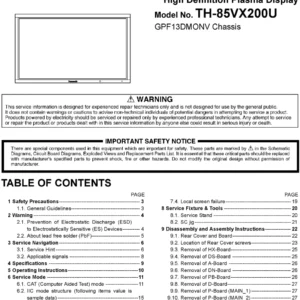 Panasonic th 85vx200u service manual cover with photo of the television, TV type, chassis code, model code, creation date and document number