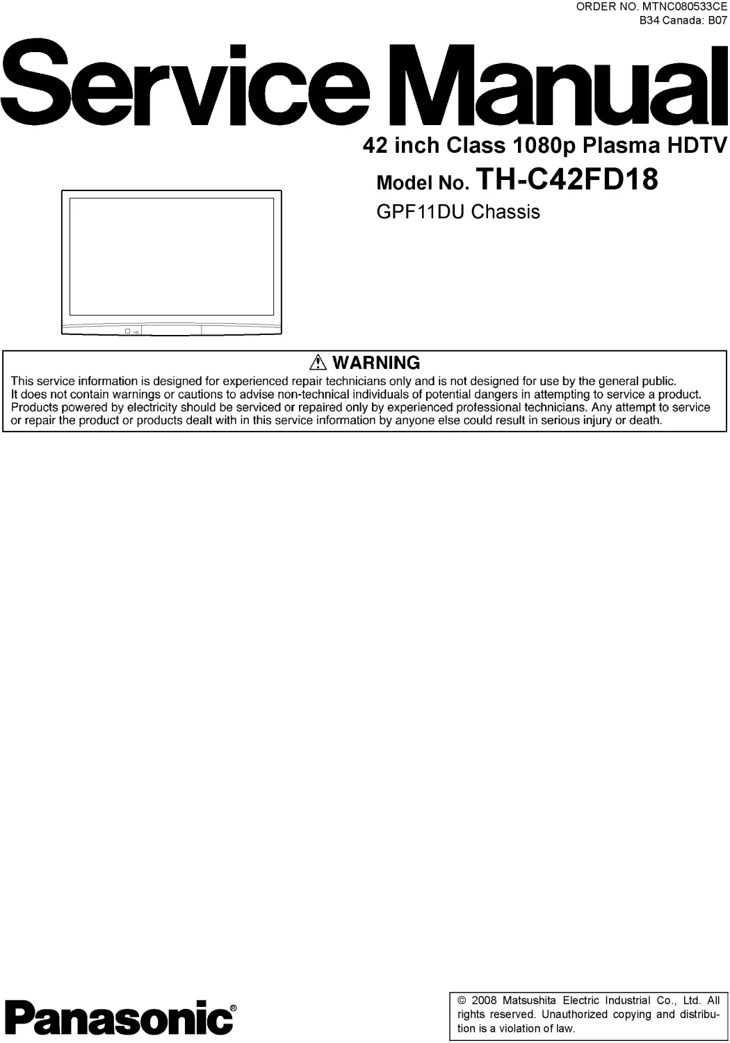 Panasonic th c42fd18 service manual cover with photo of the television, TV type, chassis code, model code, creation date and document number