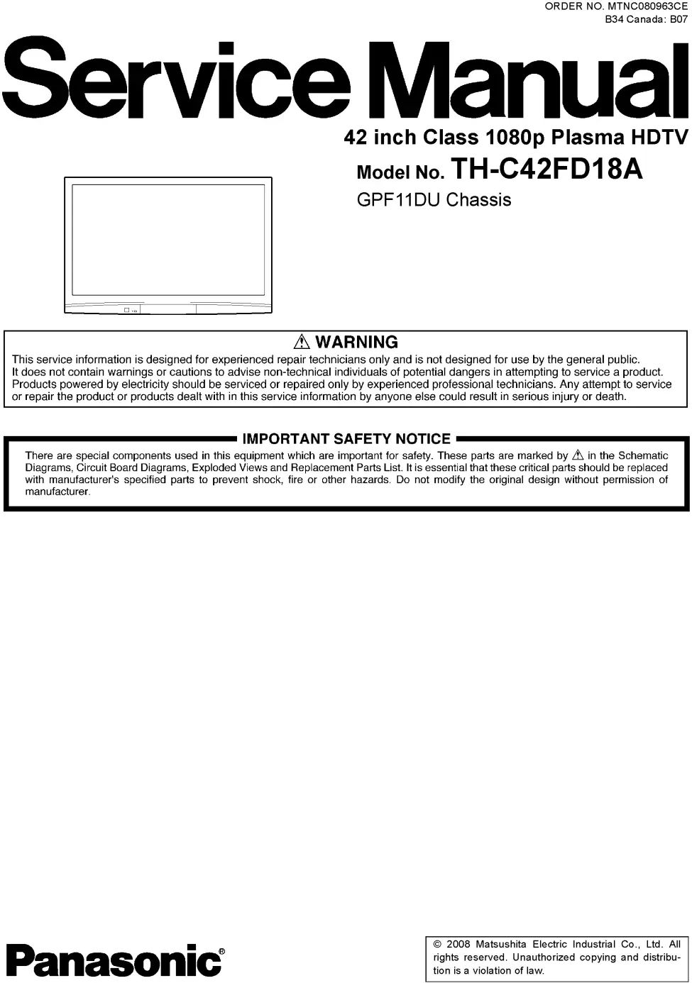 Panasonic th c42fd18a service manual cover with photo of the television, TV type, chassis code, model code, creation date and document number