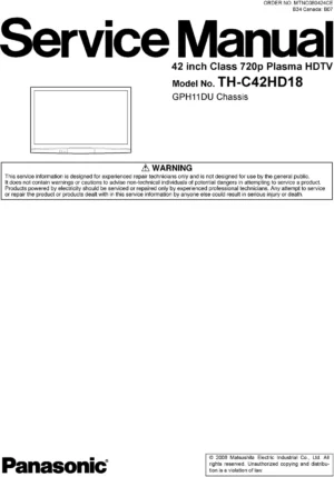 Panasonic th c42hd18 service manual cover with photo of the television, TV type, chassis code, model code, creation date and document number