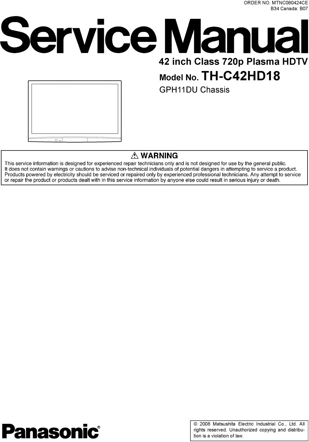 Panasonic th c42hd18 service manual cover with photo of the television, TV type, chassis code, model code, creation date and document number