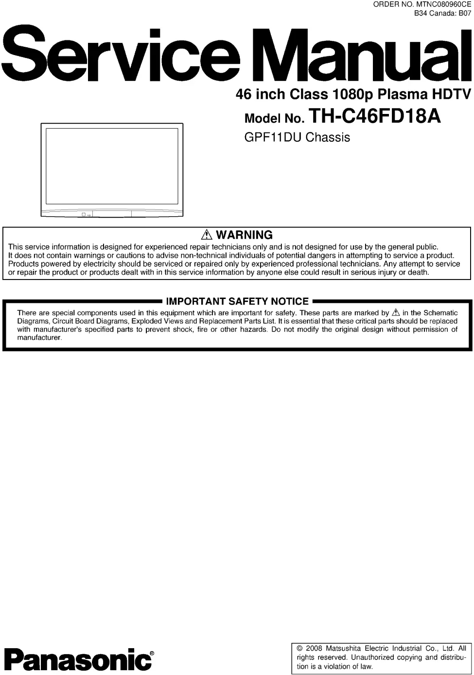 Panasonic th c46fd18a service manual cover with photo of the television, TV type, chassis code, model code, creation date and document number