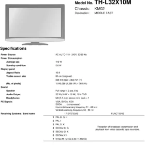 Panasonic th l32x10m service manual cover with photo of the television, TV type, chassis code, model code, creation date and document number