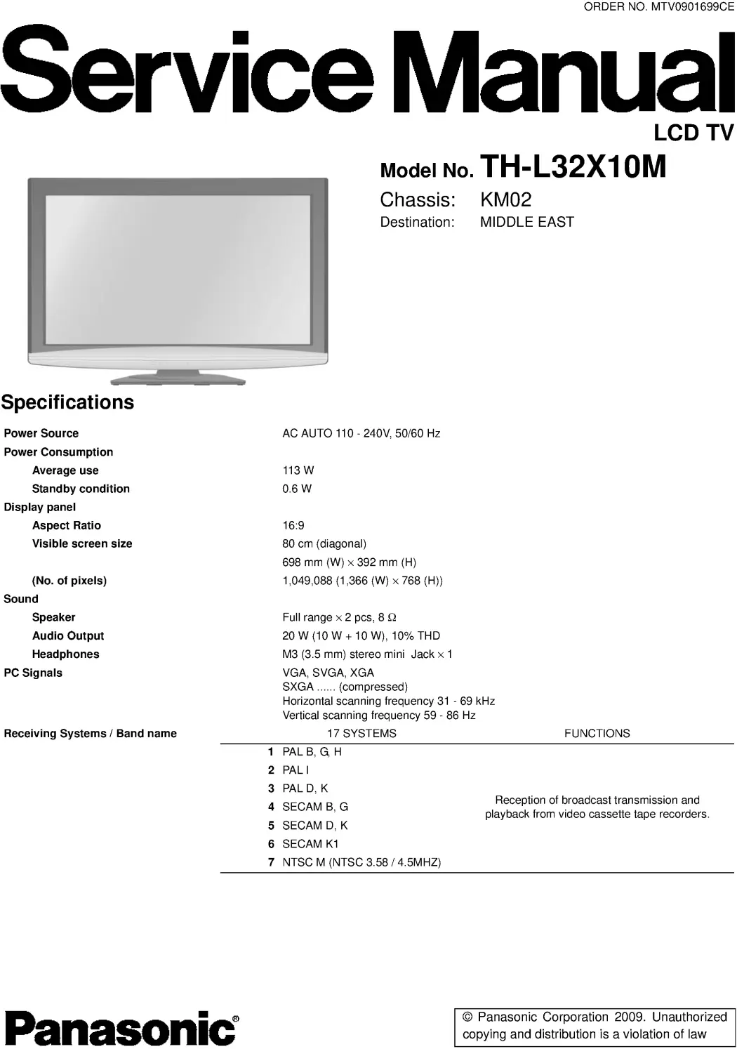 Panasonic th l32x10m service manual cover with photo of the television, TV type, chassis code, model code, creation date and document number