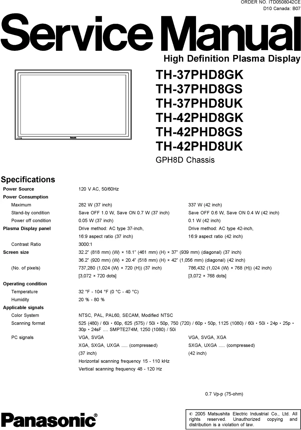 Panasonic th37hd8 h 42phd8 service manual cover with photo of the television, TV type, chassis code, model code, creation date and document number