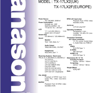 Panasonic tx 17lx2 17lx2f service manual cover with photo of the television, TV type, chassis code, model code, creation date and document number