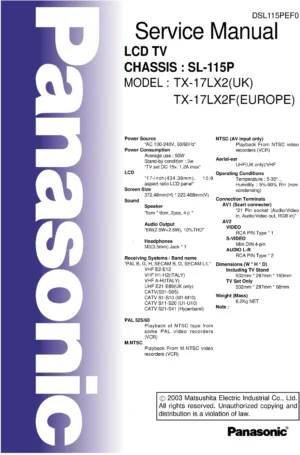 Panasonic tx 17lx2 17lx2f service manual cover with photo of the television, TV type, chassis code, model code, creation date and document number