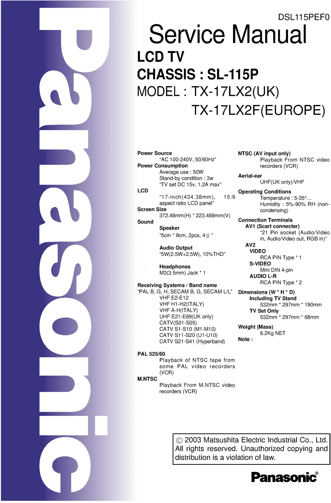 Panasonic tx 17lx2 17lx2f service manual cover with photo of the television, TV type, chassis code, model code, creation date and document number