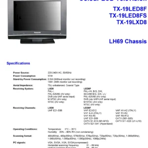 Panasonic tx 19lxd8 19led8fs 19led8f service manual cover with photo of the television, TV type, chassis code, model code, creation date and document number
