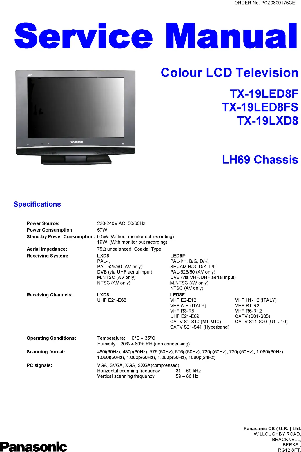 Panasonic tx 19lxd8 19led8fs 19led8f service manual cover with photo of the television, TV type, chassis code, model code, creation date and document number