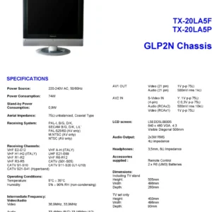 Panasonic tx 20la5f 20la5p service manual cover with photo of the television, TV type, chassis code, model code, creation date and document number