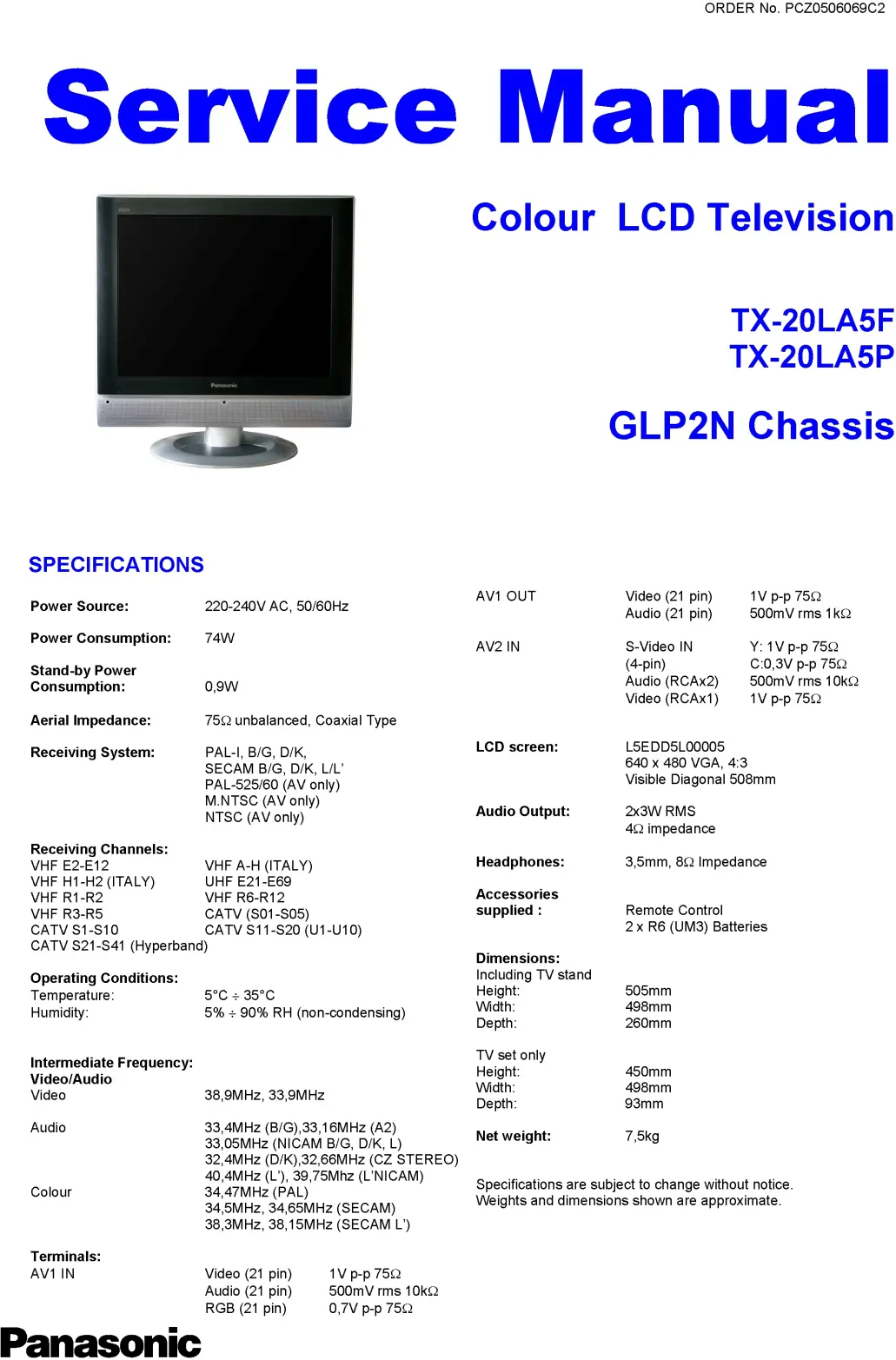 Panasonic tx 20la5f 20la5p service manual cover with photo of the television, TV type, chassis code, model code, creation date and document number
