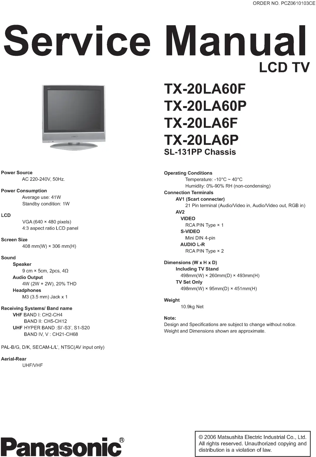 Panasonic tx 20la60f 20la60p 20la6f 20la6p service manual cover with photo of the television, TV type, chassis code, model code, creation date and document number