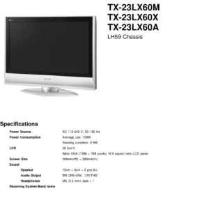 Panasonic tx 23lx60a 23lx60m 23lx60x service manual cover with photo of the television, TV type, chassis code, model code, creation date and document number