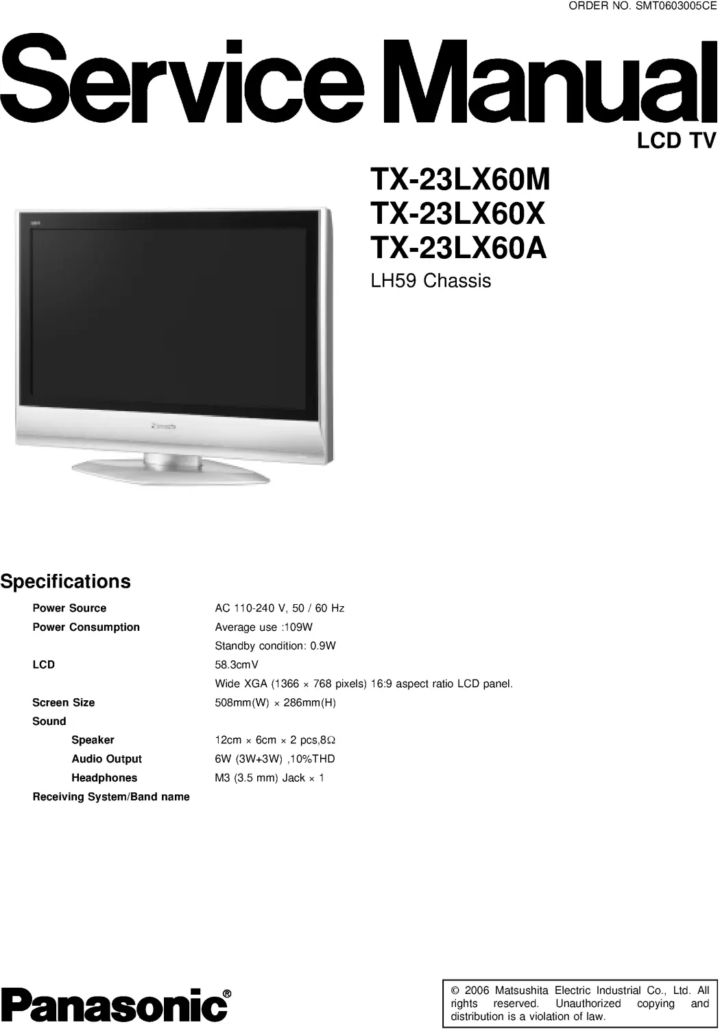 Panasonic tx 23lx60a 23lx60m 23lx60x service manual cover with photo of the television, TV type, chassis code, model code, creation date and document number