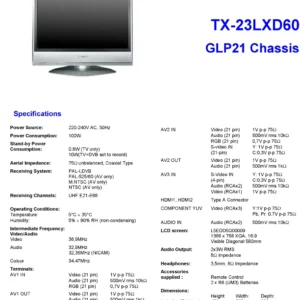 Panasonic tx 23lxd60 service manual cover with photo of the television, TV type, chassis code, model code, creation date and document number