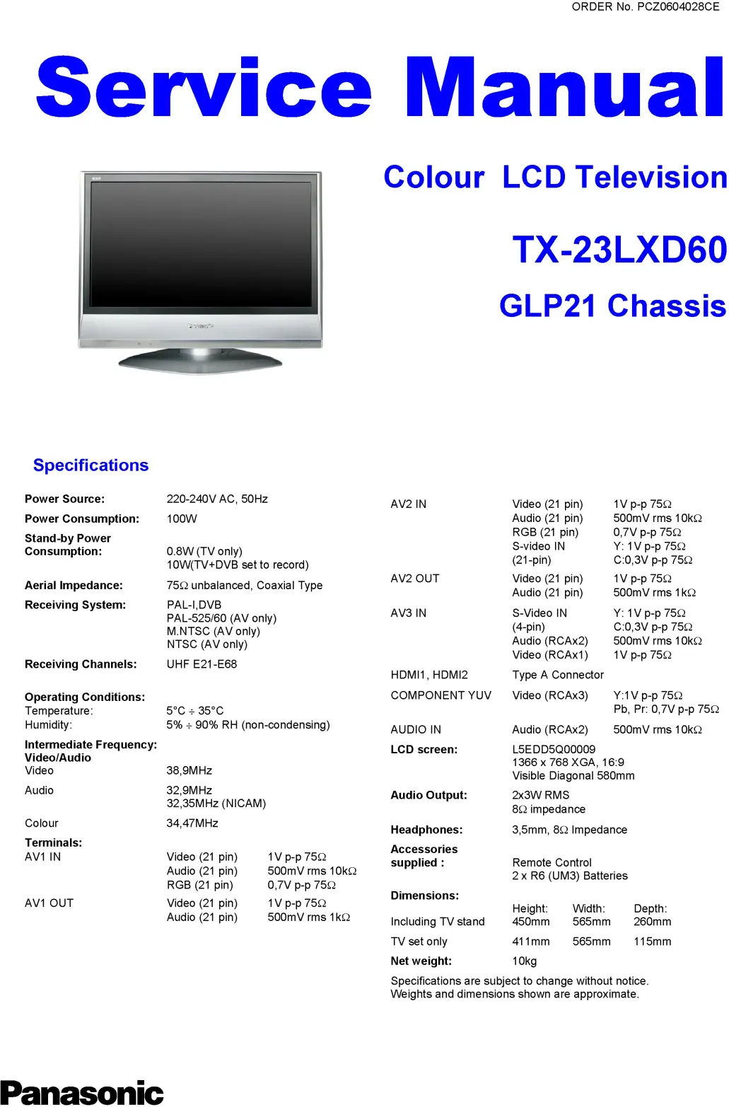 Panasonic tx 23lxd60 service manual cover with photo of the television, TV type, chassis code, model code, creation date and document number