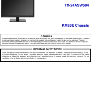 Panasonic tx 24asw504 km26e service manual cover with photo of the television, TV type, chassis code, model code, creation date and document number