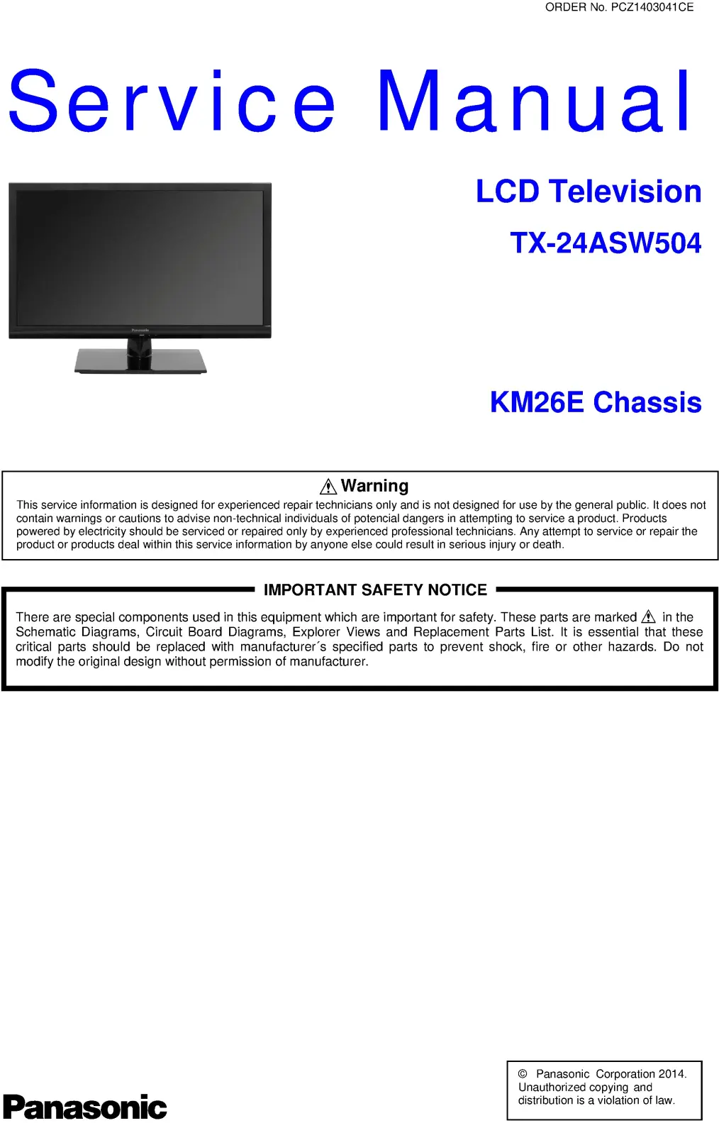 Panasonic tx 24asw504 km26e service manual cover with photo of the television, TV type, chassis code, model code, creation date and document number