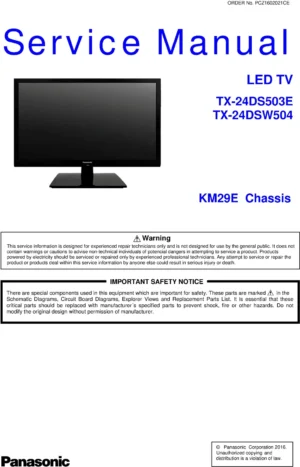 Panasonic tx 24dsw504 24ds503e service manual cover with photo of the television, TV type, chassis code, model code, creation date and document number