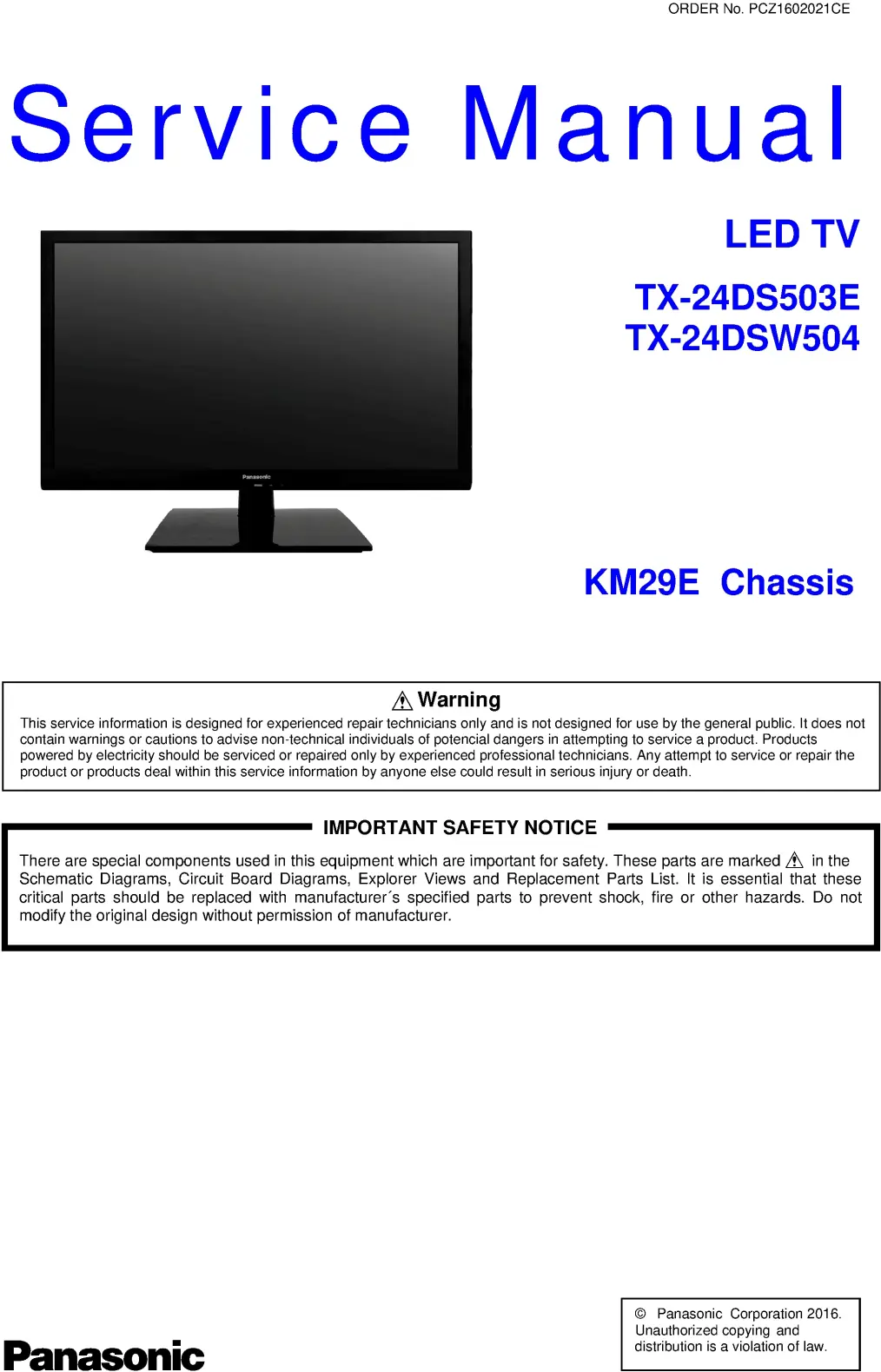 Panasonic tx 24dsw504 24ds503e service manual cover with photo of the television, TV type, chassis code, model code, creation date and document number