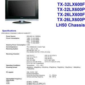 Panasonic tx 26lx600 32lx600 service manual cover with photo of the television, TV type, chassis code, model code, creation date and document number
