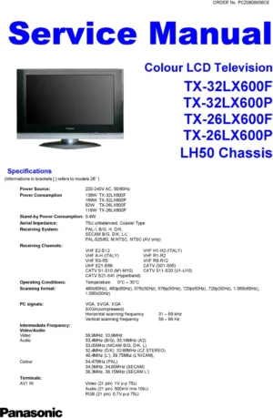 Panasonic tx 26lx600 32lx600 service manual cover with photo of the television, TV type, chassis code, model code, creation date and document number