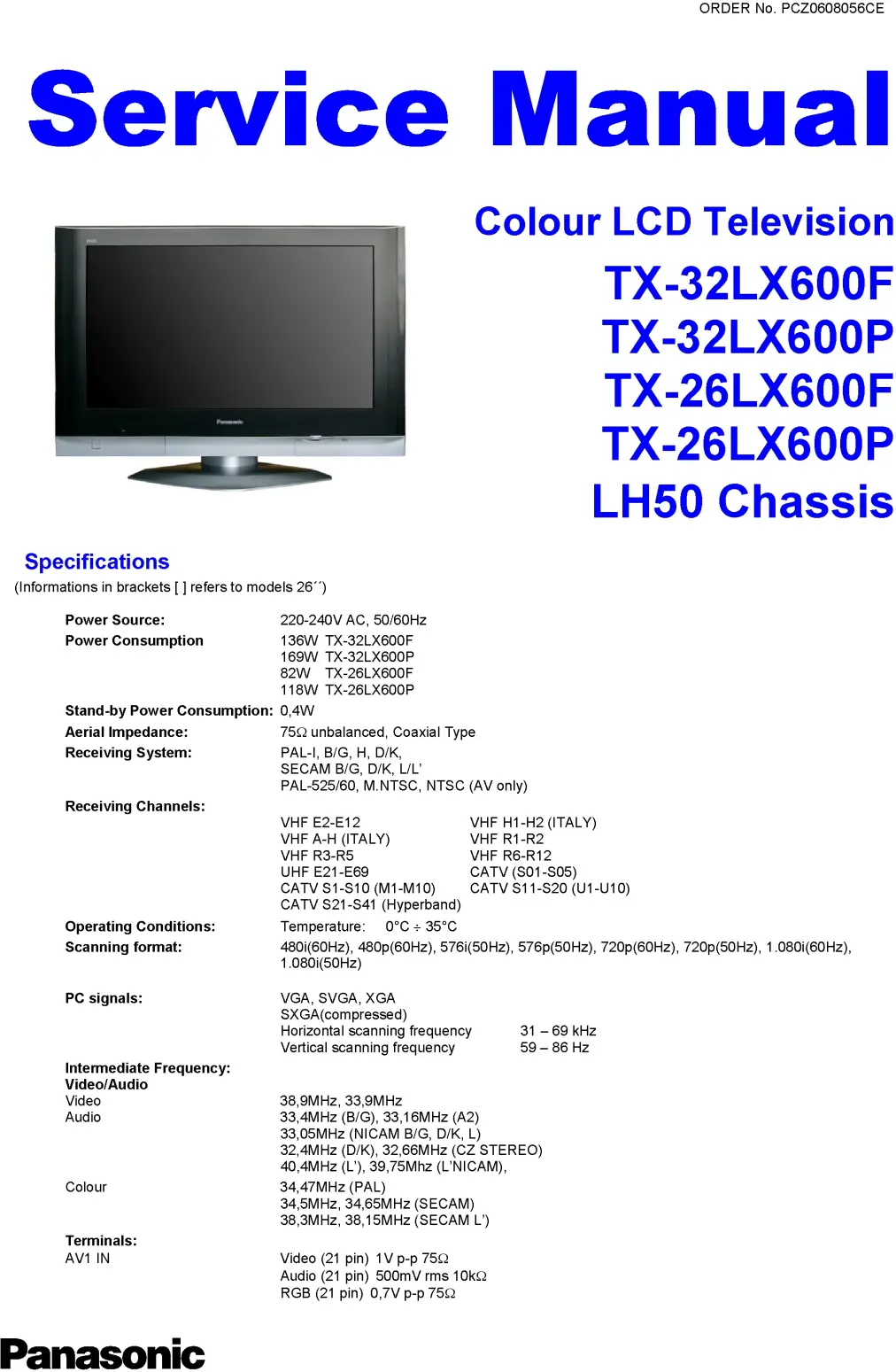 Panasonic tx 26lx600 32lx600 service manual cover with photo of the television, TV type, chassis code, model code, creation date and document number