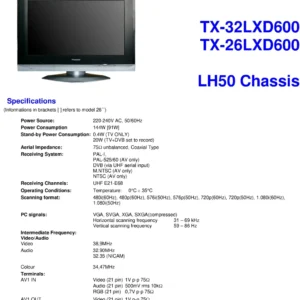 Panasonic tx 26lxd600 32lxd600 service manual cover with photo of the television, TV type, chassis code, model code, creation date and document number
