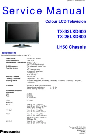 Panasonic tx 26lxd600 32lxd600 service manual cover with photo of the television, TV type, chassis code, model code, creation date and document number