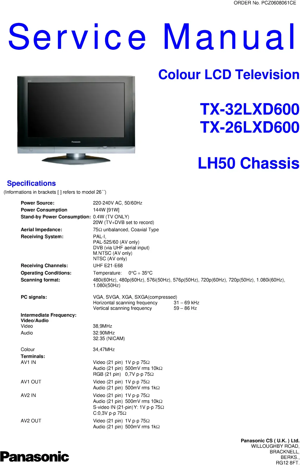 Panasonic tx 26lxd600 32lxd600 service manual cover with photo of the television, TV type, chassis code, model code, creation date and document number